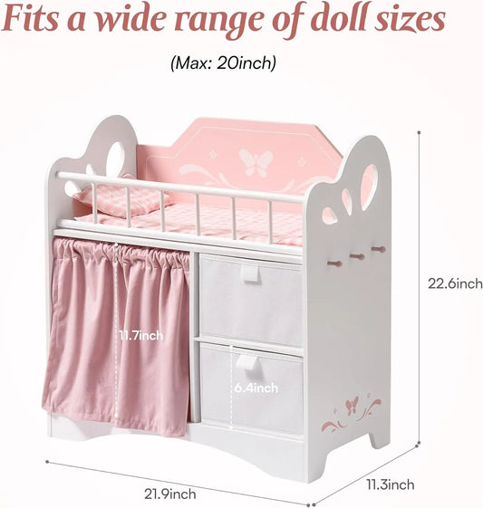 Robotime Wooden Baby Doll Crib with Storage and Bedding, Fits Dolls up to 21", Suitable for Girls 3+, Pink