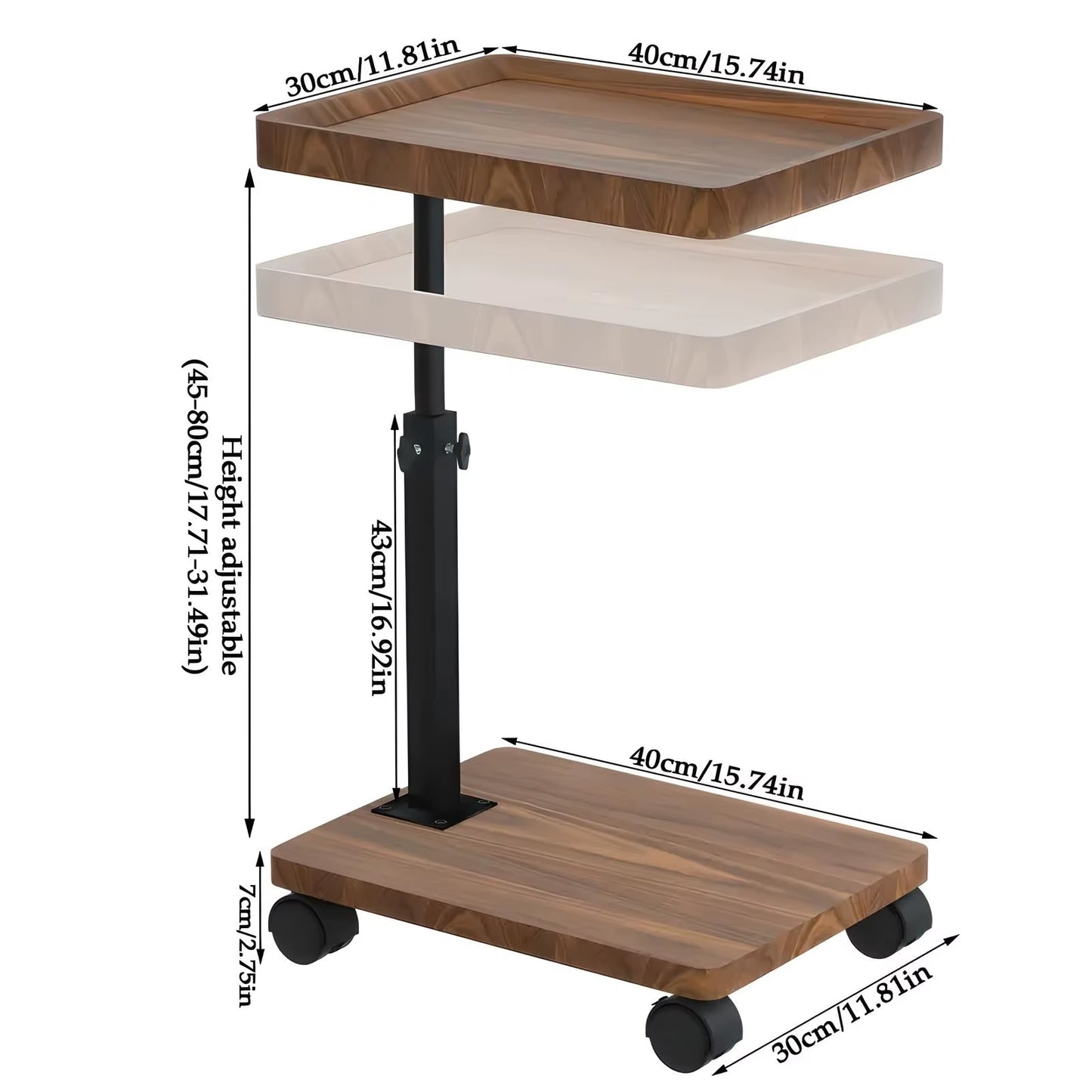 C Shaped Living Room Side Table Sofa Side Cabinet Mobile Coffee Table Simple Small Square Table Bedroom Bedside Table with Wheel