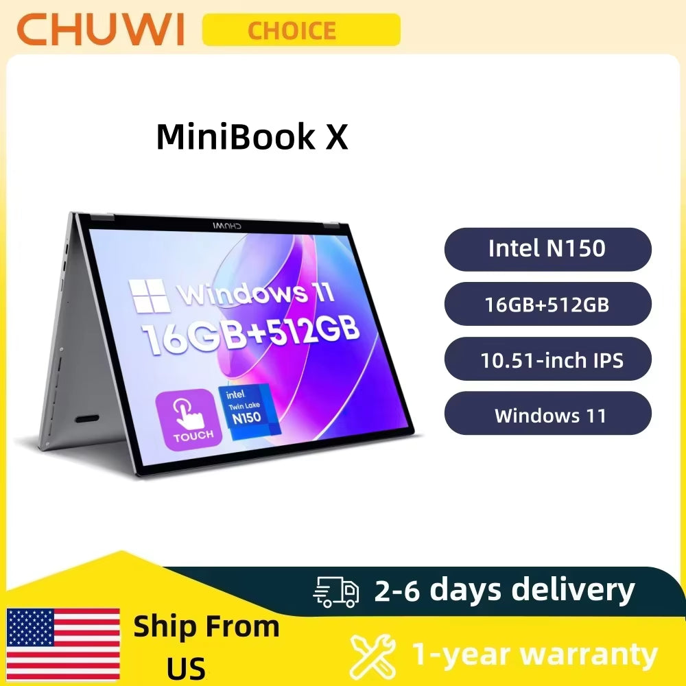 CHUWI Minibook X 2 in 1 Laptop Intel N150(Up to 3.6Ghz) 512GB ROM 16GB LPDDR5 10.51" 1200X1920 FHD IPS Windows 11 Notebook