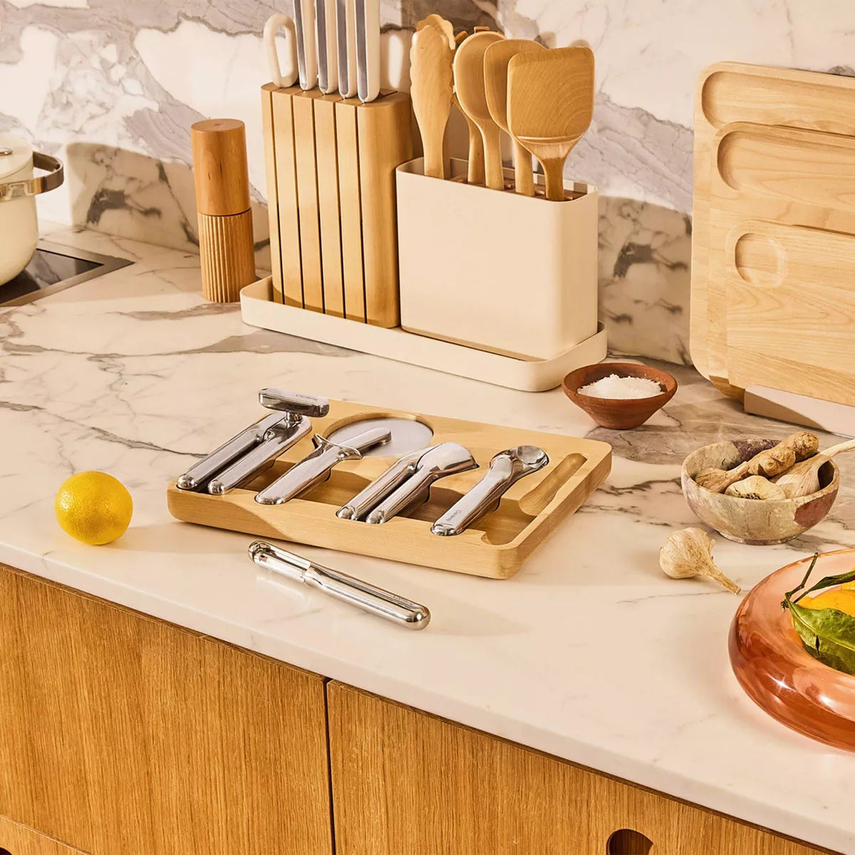6-Piece Kitchen Gadget Set: Stainless Steel Utensils with Peeler, Pizza Cutter, Can Opener, and Silver Holder