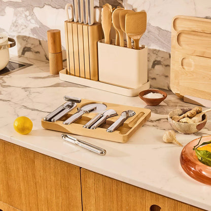 6-Piece Kitchen Gadget Set: Stainless Steel Utensils with Peeler, Pizza Cutter, Can Opener, and Silver Holder