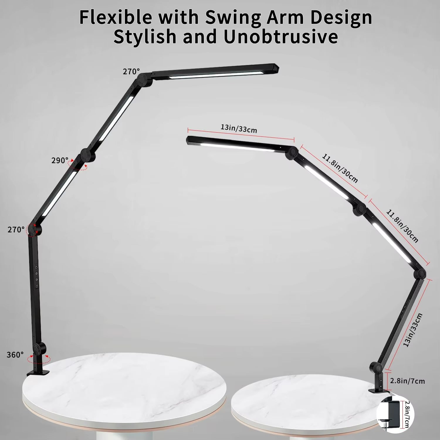 LED Desk Lamp with Clamp Flexible 4 Sections Swing Arm Three Light Sources Desk Light, 4 Color Modes & 5 Brightness