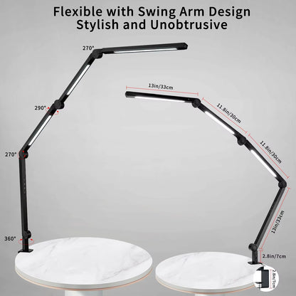 LED Desk Lamp with Clamp Flexible 4 Sections Swing Arm Three Light Sources Desk Light, 4 Color Modes & 5 Brightness