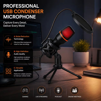 Premium USB Condenser Microphone Kit with Tripod Stand and RGB Lighting for Gaming, Streaming, and Content Creation on PC, Laptop, and Mac - Features Mute Button and Built-in Voice Changer