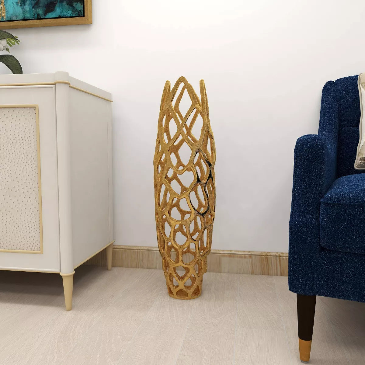 31" x 9" Contemporary Gold Aluminum Vase with Eclectic Woven Net Design