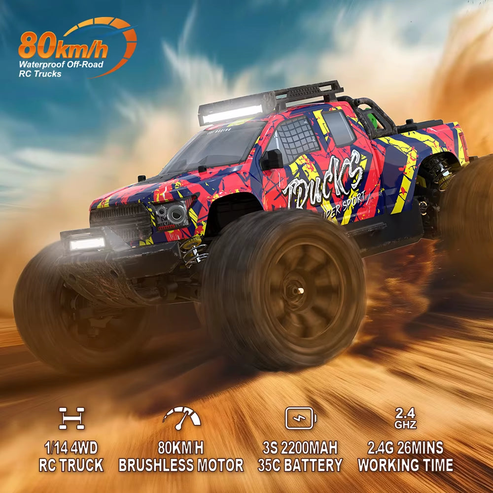 JIUSI PT14R V3 1/14 Scale 4WD RC Racing Truck with Brushless Motor, 3S Battery, and 80Km/H Speed - 2.4G Remote Control Off-Road Vehicle