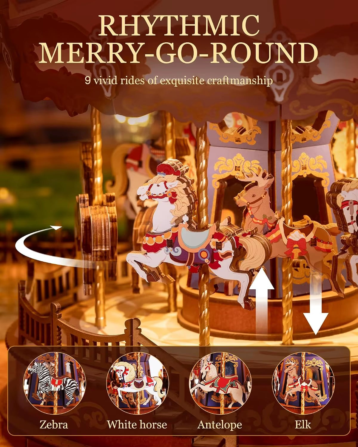 Robotime 3D Wooden Puzzle Carousel Music Box with LED Lights - Gear Model Building Kit for Adults, Ideal Christmas Gift
