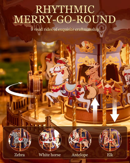 Robotime 3D Wooden Puzzle Carousel Music Box with LED Lights - Gear Model Building Kit for Adults, Ideal Christmas Gift