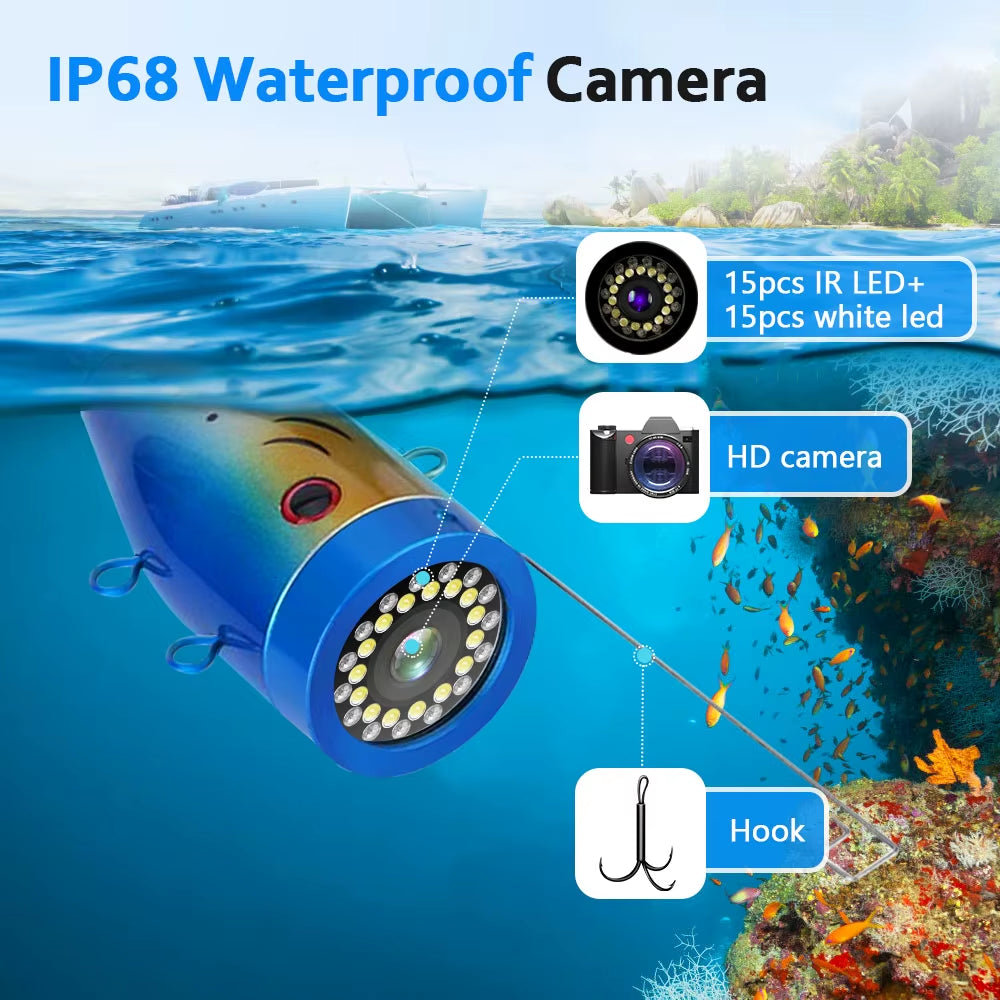Fish Finder Underwater Fishing Camera Double Lamp 30Leds 7Inch 15M  IP68 Waterproof for Ice/Sea/River Fishing Fishfinder