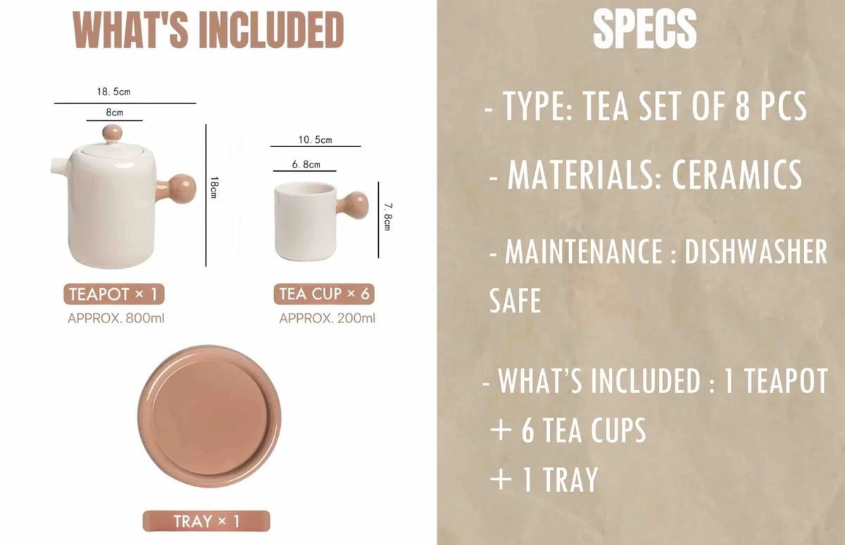 Cute Whimsical Dopamine Bauhaus Tea Pot & Tea Cups Set of 8 Pcs - Handmade Ceramic Teaset Gift Box