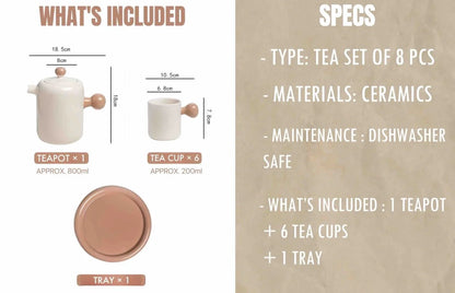 Cute Whimsical Dopamine Bauhaus Tea Pot & Tea Cups Set of 8 Pcs - Handmade Ceramic Teaset Gift Box