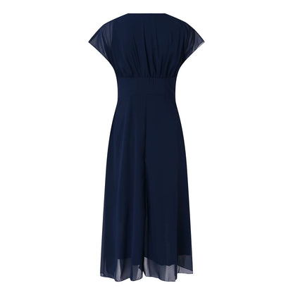 Womens Dresses Wedding Party Bridesmaid Elegant V Neck Chiffon Dress Slim High Waist Flutter Sheer Mesh Sleeve Long Dresses