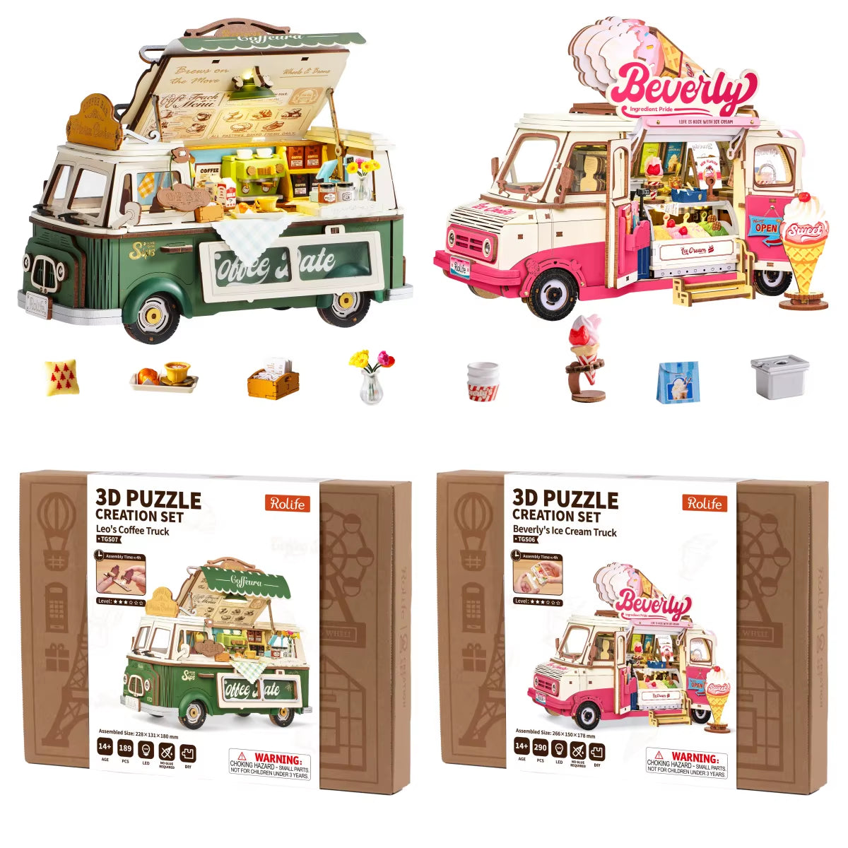 Rolife Wooden 3D Puzzle Leo's Coffee Truck Model Building Kit - DIY Miniature Dollhouse for Home Décor and Gift for Adults and Teens