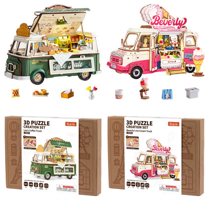 Rolife Wooden 3D Puzzle Leo's Coffee Truck Model Building Kit - DIY Miniature Dollhouse for Home Décor and Gift for Adults and Teens