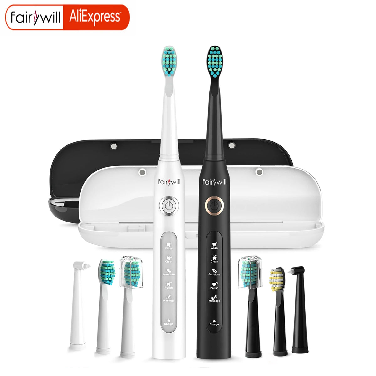 Fairywill Sonic Electric Toothbrush FW-D7 Set USB Charge Toothbrushes Case for Adult with Tooth Brush Heads 5 Mode Smart Time