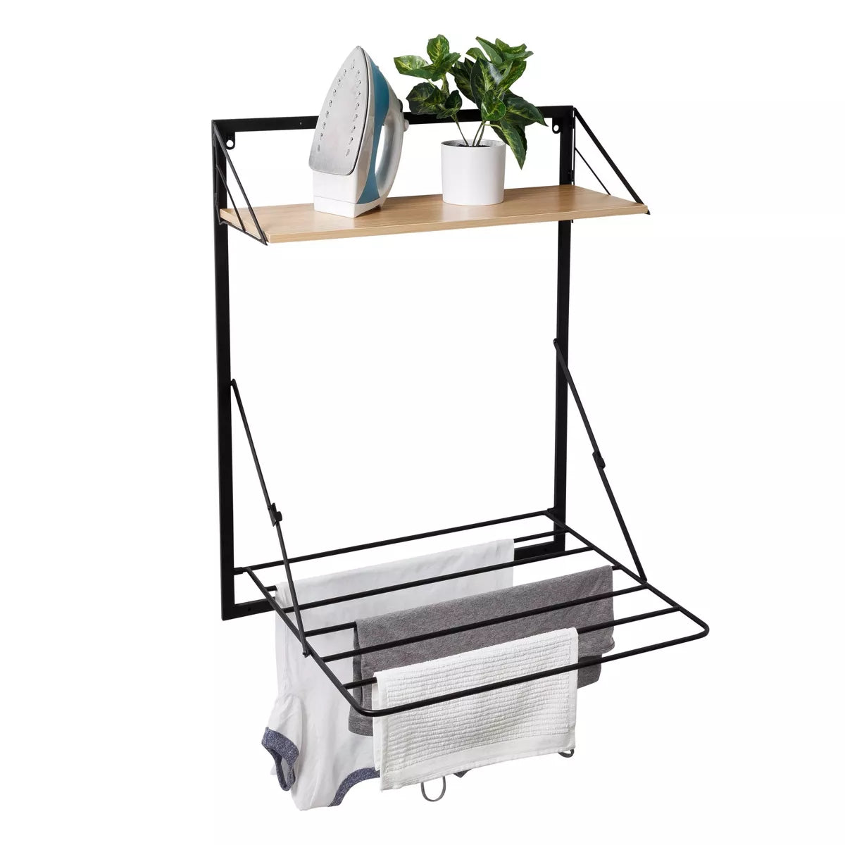 Collapsible Laundry Shelf and Drying Rack Combo in Light Oak, Steel Construction, 65 Lb Capacity