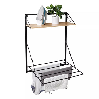 Collapsible Laundry Shelf and Drying Rack Combo in Light Oak, Steel Construction, 65 Lb Capacity