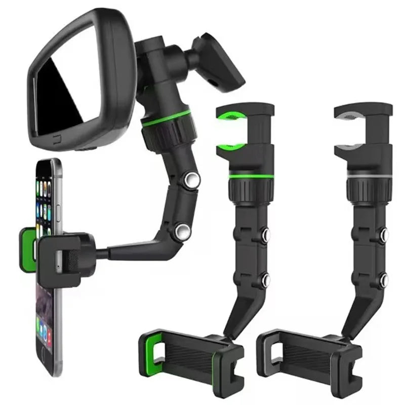 360° Rotatable and Retractable Multifunctional Car Phone Mount for Rearview Mirror