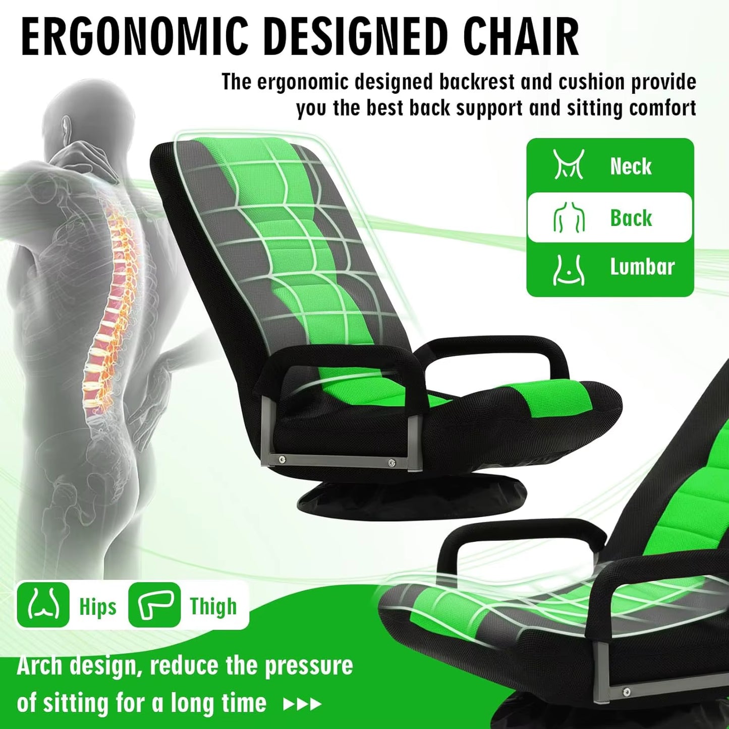 Swivel Floor Gaming Chair W/Armrests,Folding Video Reclining Sofa W/6 Adjustable Position, Padded Backrest & Cushion