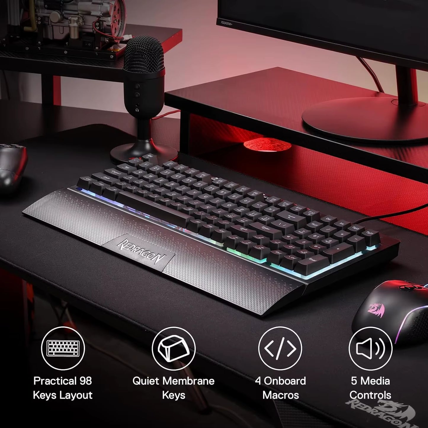 K515 Shiva RGB Membrane Gaming 98 Keys Mechanical Detachable Wrist Rest Smooth Linear Switch Keyboard