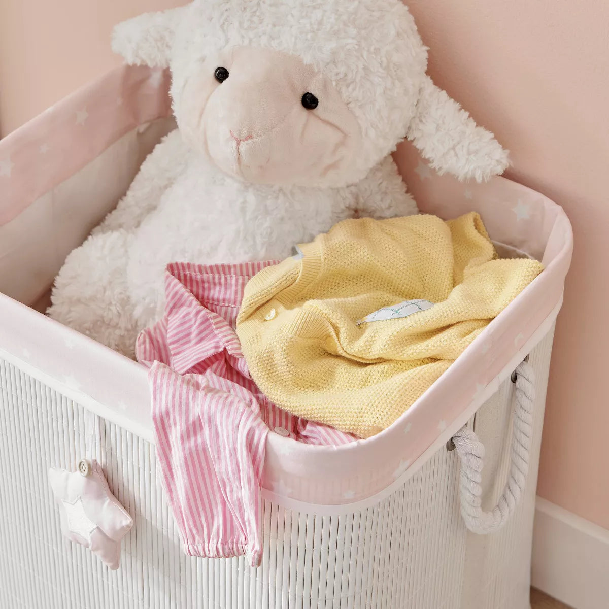 Bamboo Collapsible Laundry Hamper and Toy Storage for Kids with Handles in Pink and Cream Teddy Bear Design