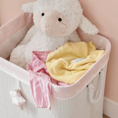 Bamboo Collapsible Laundry Hamper and Toy Storage for Kids with Handles in Pink and Cream Teddy Bear Design
