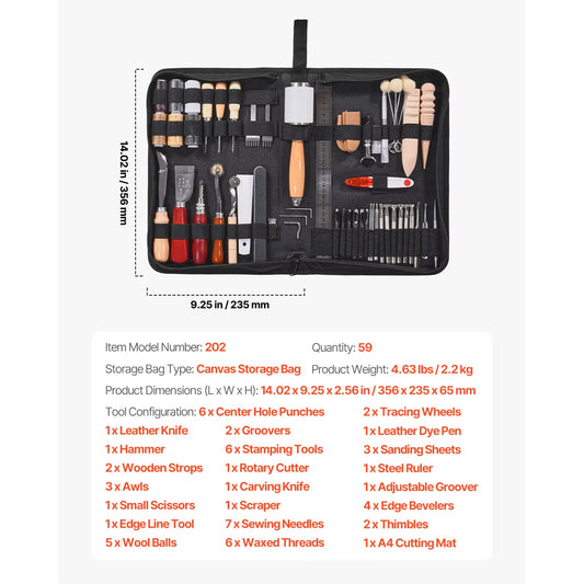 Succebuy Comprehensive Leather Working Tools Kit with Storage Bag - Includes Engraving, Punching, Sewing, and Stamping Tools (38/59/61/72/92 Pieces)