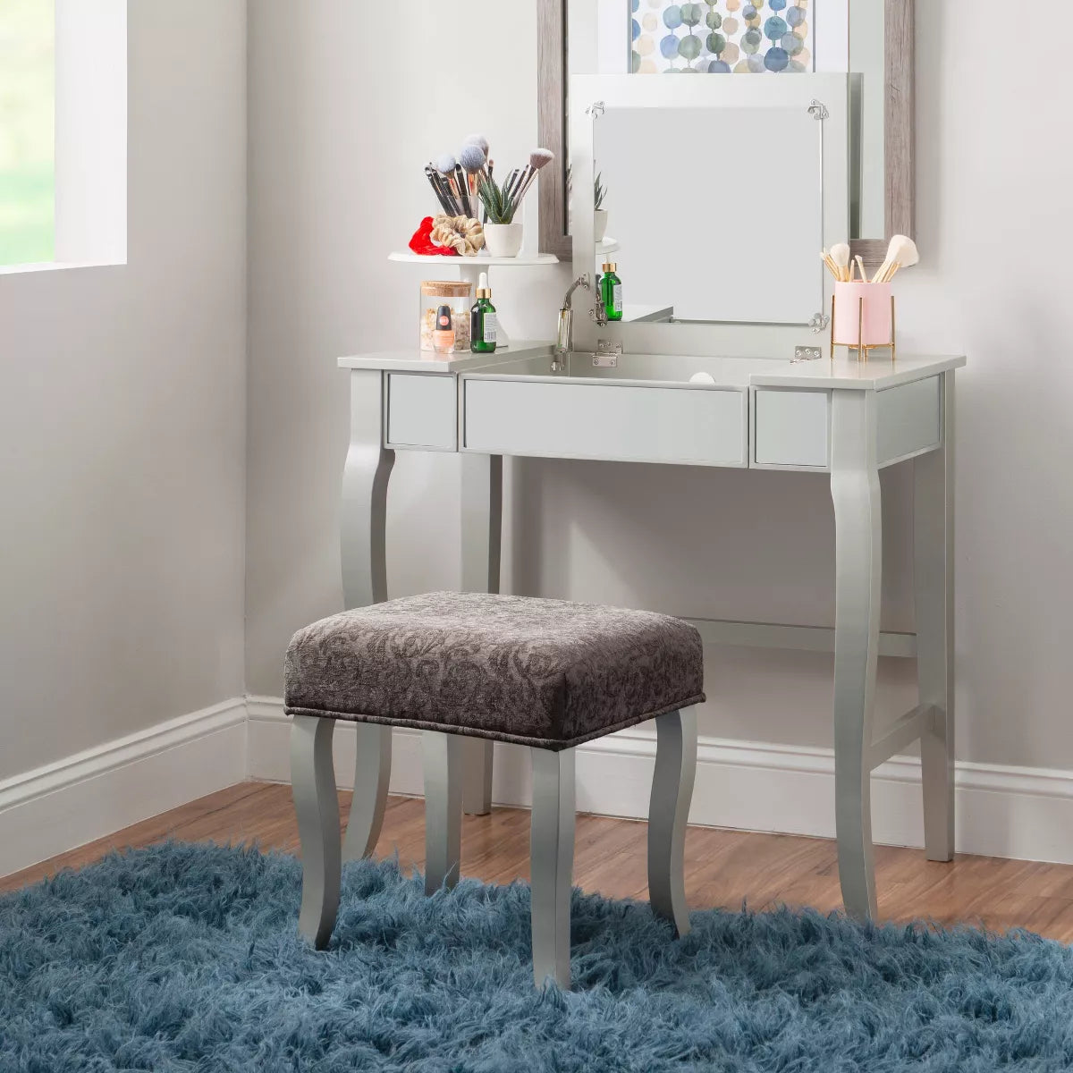 Harper Glam Flip-Up Mirror Wood Vanity and Gray Upholstered Stool Mirror and Silver