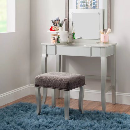 Harper Glam Flip-Up Mirror Wood Vanity and Gray Upholstered Stool Mirror and Silver