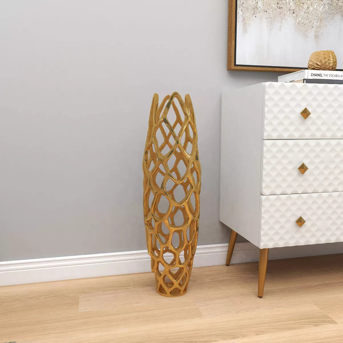 31" x 9" Contemporary Gold Aluminum Vase with Eclectic Woven Net Design