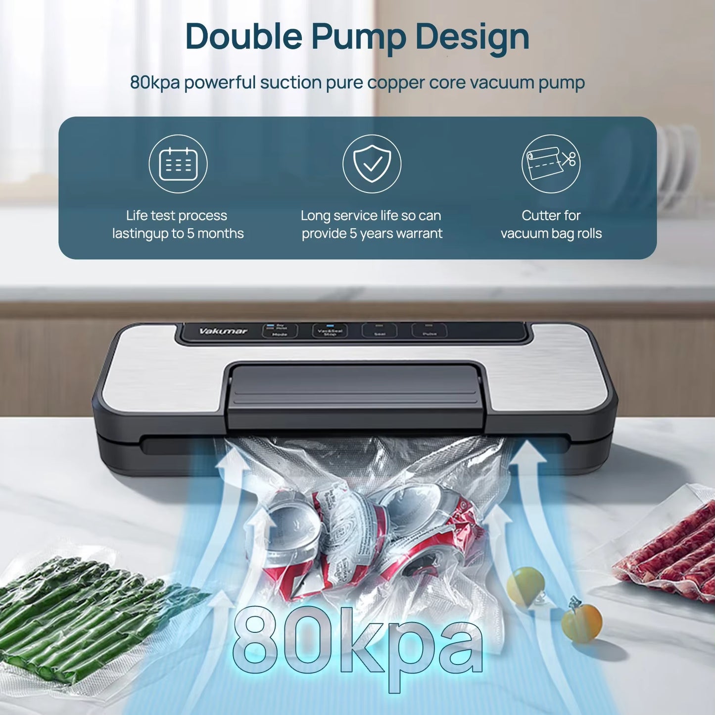 VH1506 Vacuum Sealer Machine Sous Vide Handle Type 80Kpa Multifunctional and Convenient Vacume Sealer Household