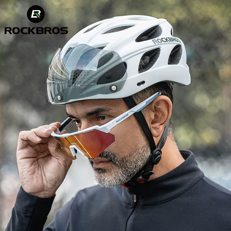 ROCKBROS Lightweight Integrated Cycling Helmet with Goggles for Men and Women - Safety Head Protection for MTB and Road Biking