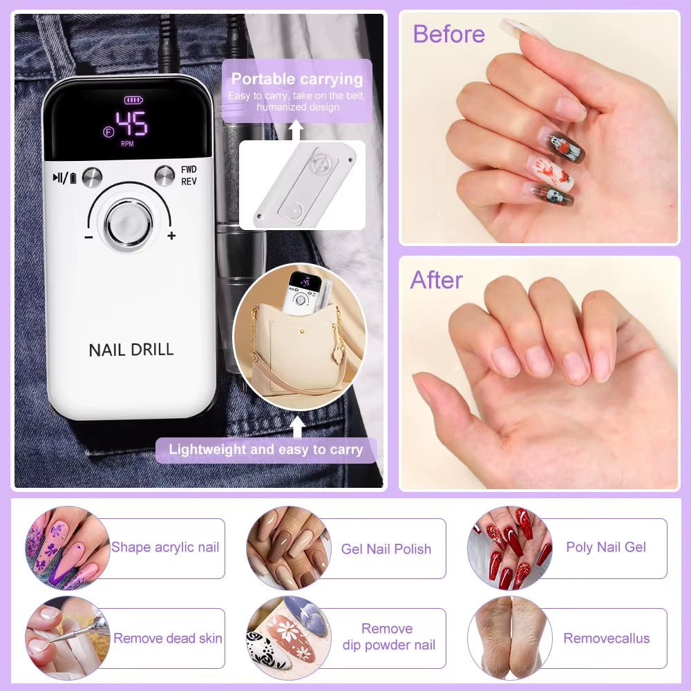 Nail Drill 45000 RPM Rechargeable Nails Electric File for Acrylic Gel Removing & Polishing Gel for Home/Salon Manicure Pedicure