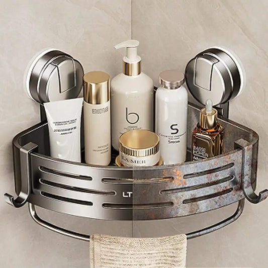 Gray Suction Cup Shower Corner Shelf - No Drill Wall-Mounted Bathroom Organizer with Hooks for Shampoo, Soap, and Conditioner - Removable Triangular Storage Basket for Toilet, Bathtub, and Kitchen Sink - Space-Saving Home Organization Accessory