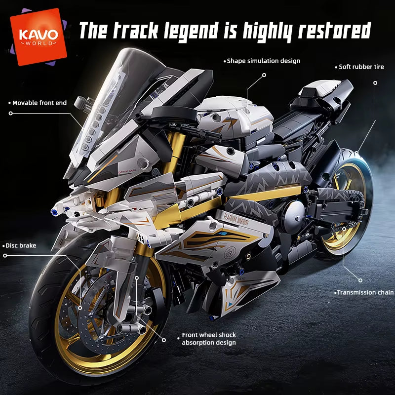 KAVOWORLD 1:5 Scale Motorcycle Desktop Ornament Building Blocks Set - 2045PCS Technic Motorbike Model Kit for Sport Bike Enthusiasts and Gift Giving