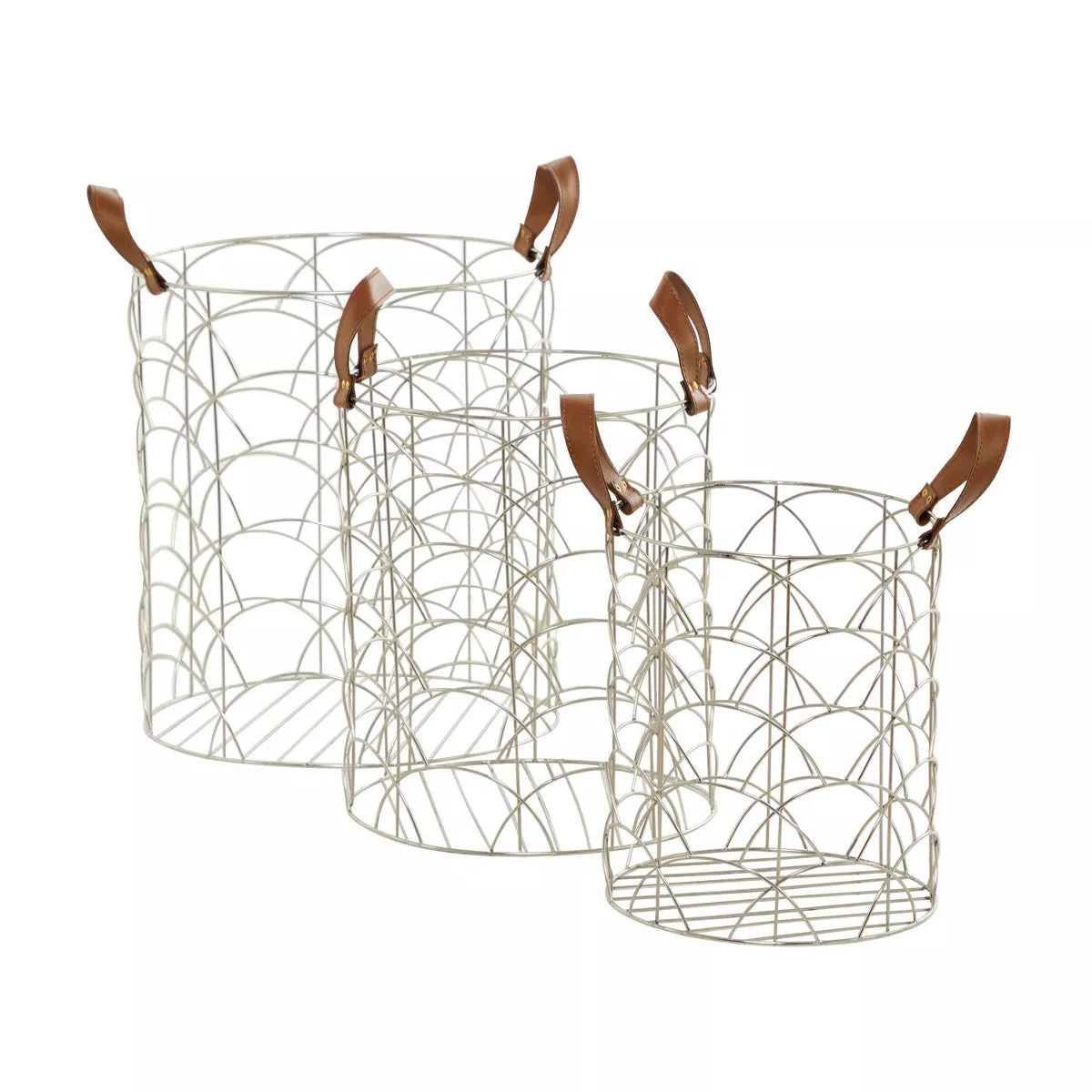 Set of 3 Silver Metal Storage Baskets - Luxury Round Decorative Organizers
