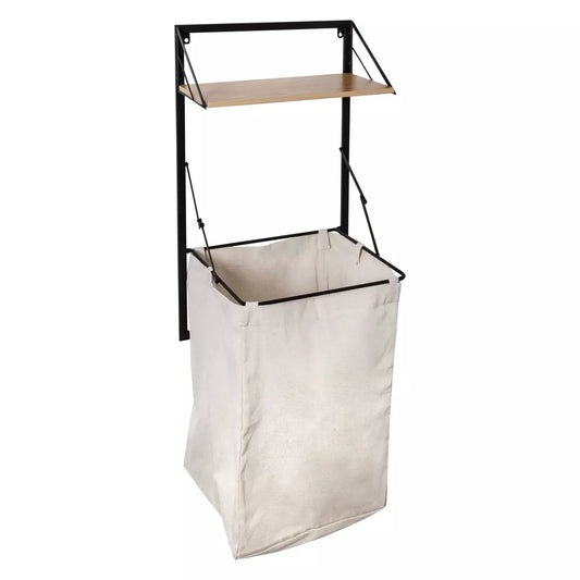 Laundry Shelf + Hamper Combo with Wood Light Oak: Wall Mounted Hanging Clothes Hamper, Collapsible Sorter