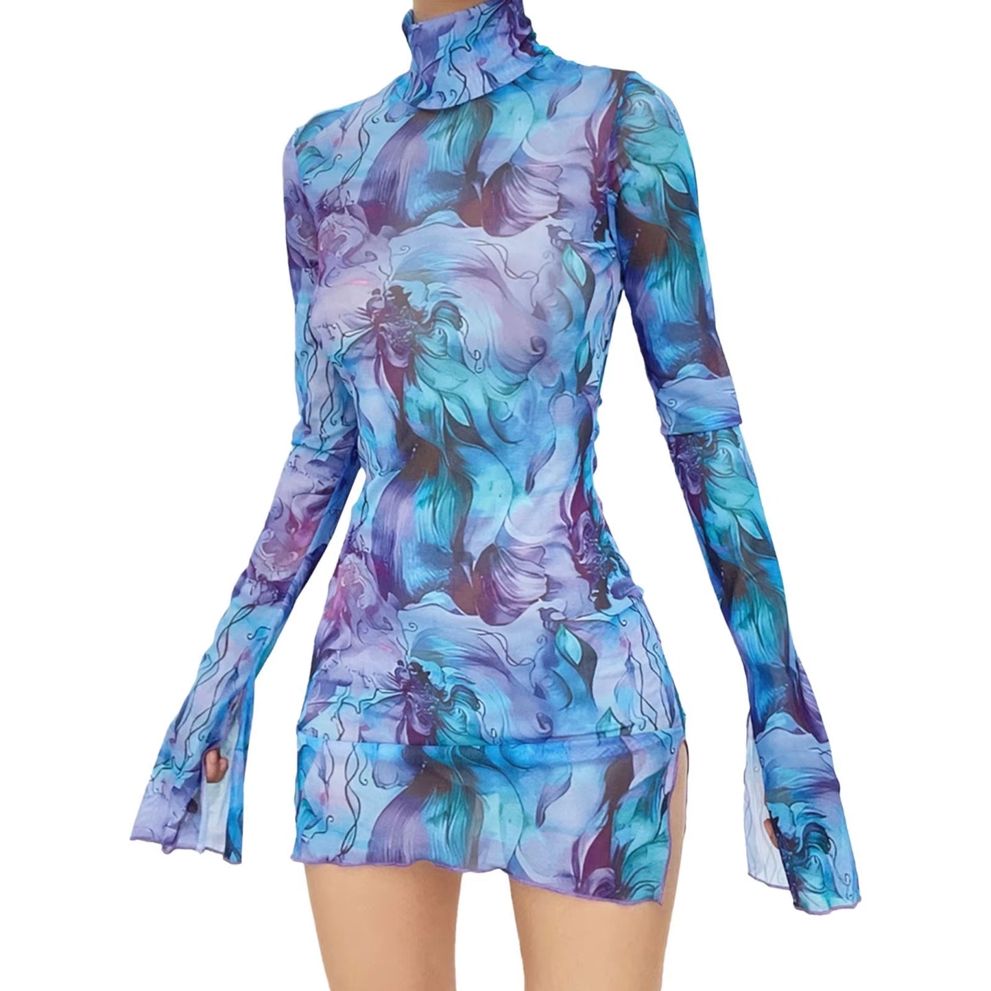 Ladies Mesh Printed Y2K Vintage Dress High Street Slim Elastic Bodycon Party Dress round Neck Bell Sleeve Side Open Hip Dresses