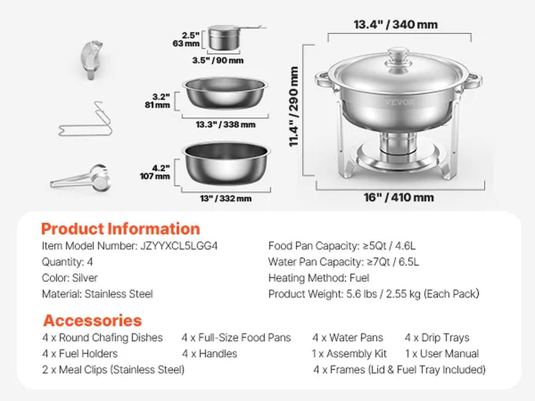 Succebuy Stainless Steel Chafing Dish Buffet Set - 4 Pack Round Catering Warmers with Full Size Pans for Parties and Banquets