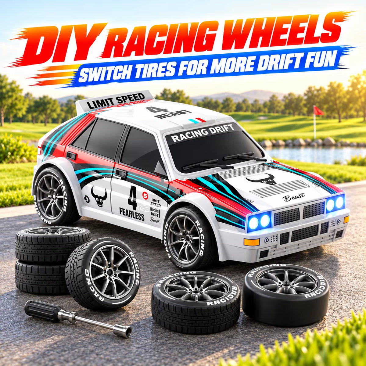 ZNLYRION 1:24 Scale RC Drifting Race Car - 4WD, Adjustable Speed (20Km/H), Includes Spare Drift Tires, LED Headlights and Taillights, Ideal for Boys and Adults