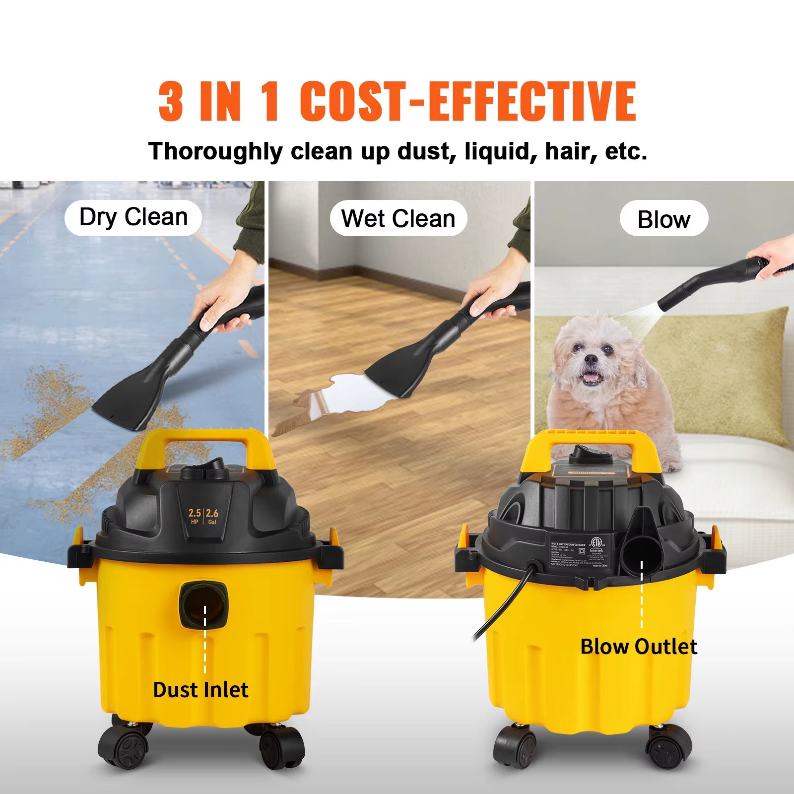 Wet Dry Vac 2.6 Gallon 2.5 Peak HP 3 in 1 Portable Shop Vacuum with Blowing Function Attachment Storage for Floor