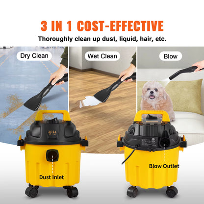 Wet Dry Vac 2.6 Gallon 2.5 Peak HP 3 in 1 Portable Shop Vacuum with Blowing Function Attachment Storage for Floor
