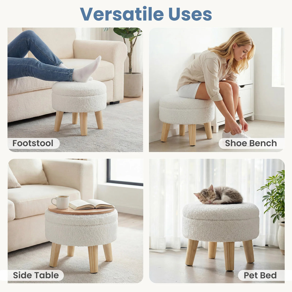 JHK Round Velvet Storage Ottoman with Padded Seat and Hidden Storage, Wood Legs for Living Room and Bedroom