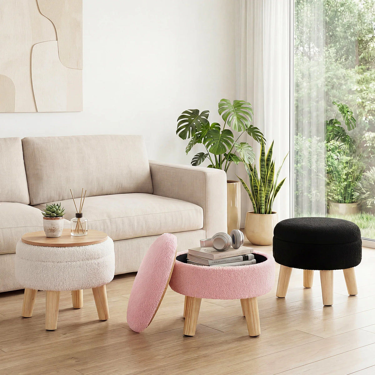 JHK Round Velvet Storage Ottoman with Padded Seat and Hidden Storage, Wood Legs for Living Room and Bedroom