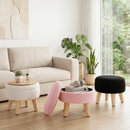 JHK Round Velvet Storage Ottoman with Padded Seat and Hidden Storage, Wood Legs for Living Room and Bedroom