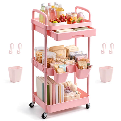3-Tier Mobile Storage Cart with Pull-Out Drawer, Lockable Wheels, and Hanging Cups - Versatile Organizer for Kitchen, Bathroom, and Living Room