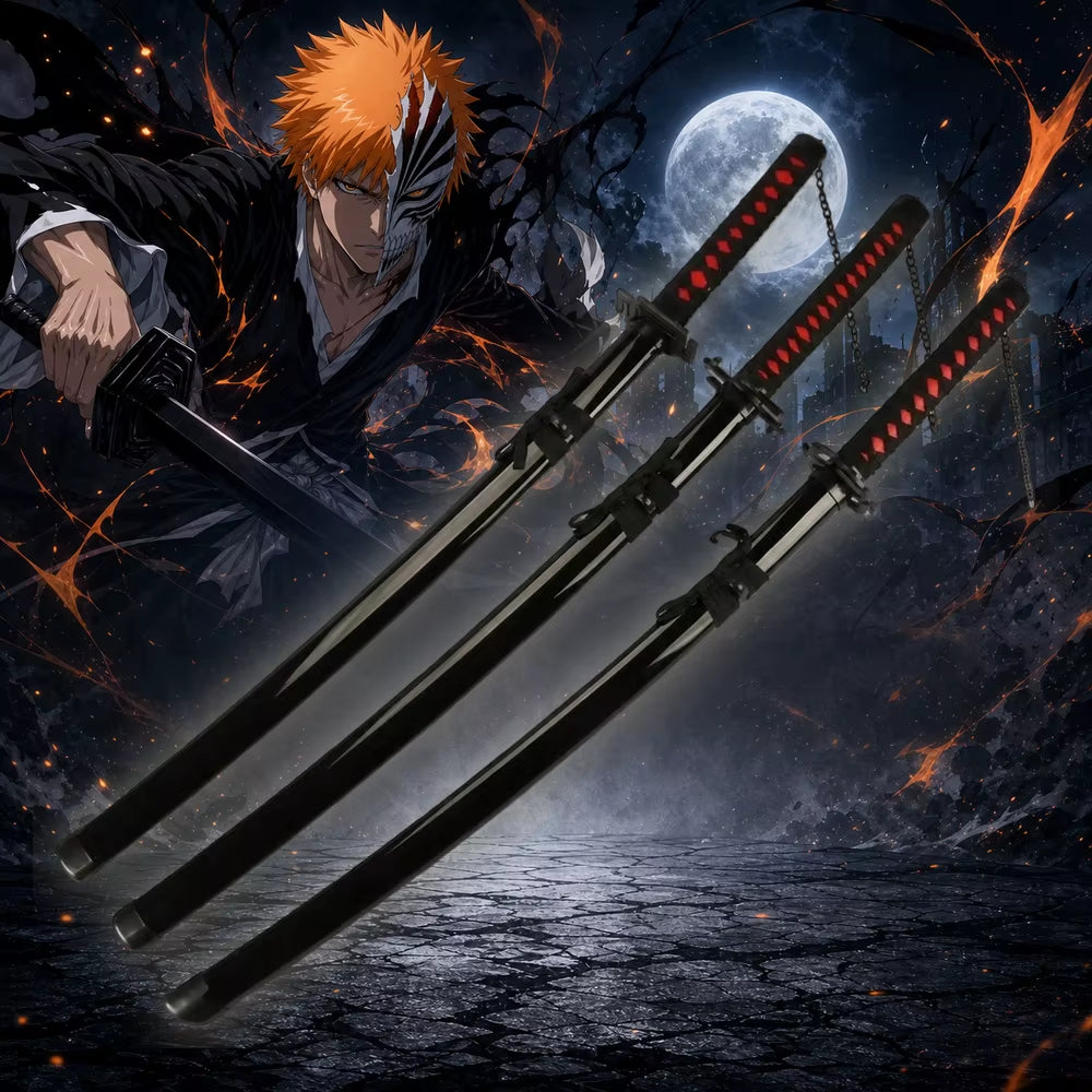 40-Inch Ichigo Kurosaki Tensa Zangetsu Katana Sword - Black Blade Anime Cosplay Prop with Wooden Bamboo Stand and Belt Holster - Full Size Japanese Wooden Sword for Display and Collection