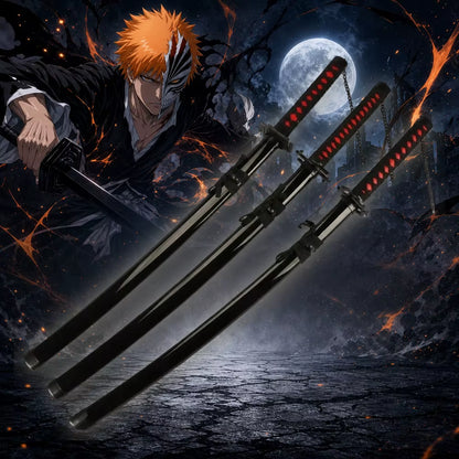 40-Inch Ichigo Kurosaki Tensa Zangetsu Katana Sword - Black Blade Anime Cosplay Prop with Wooden Bamboo Stand and Belt Holster - Full Size Japanese Wooden Sword for Display and Collection