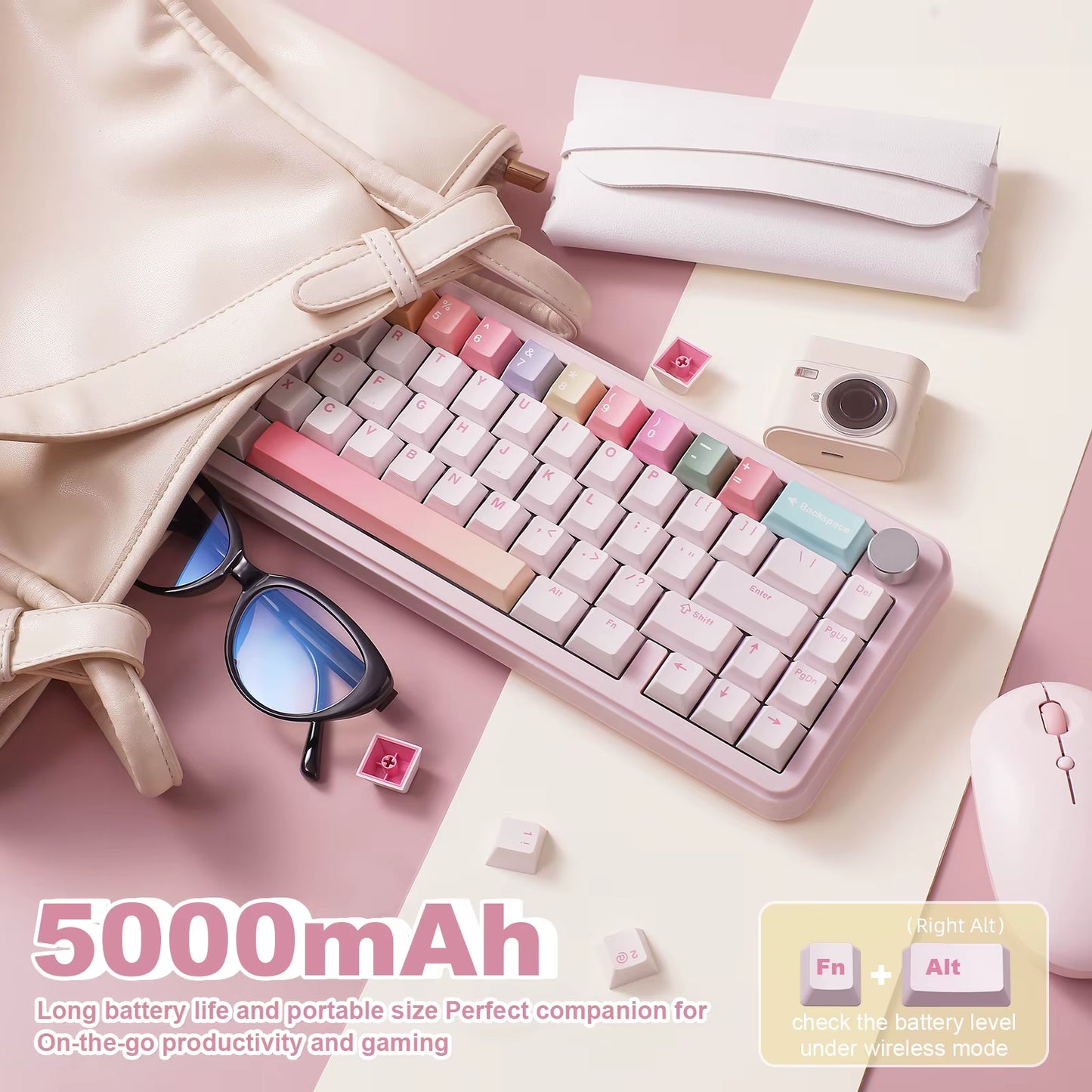 YUNZII B68 Wireless Mechanical Gaming Keyboard, Tri-Mode Hot Swappable Cute Gasket Mounted Creamy Keyboard for Win/Mac,