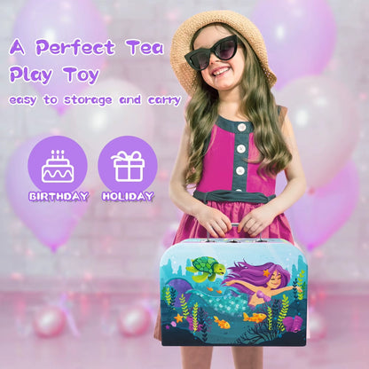 Mermaid-Themed Tea Party Set for Girls - Pretend Play Tin Teapot Kitchen Toy for Toddlers Ages 2 to 6